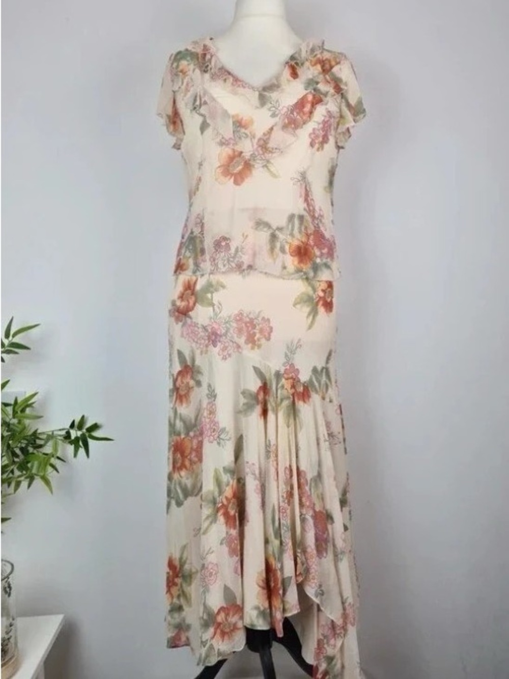Floral Cream Maxi Dress with Coral and Green Accents